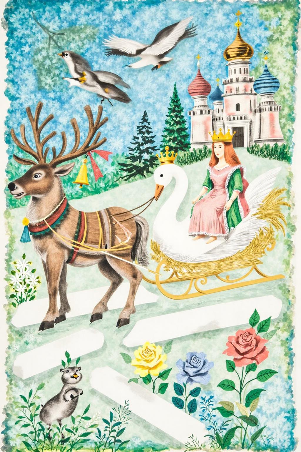 leowe1 illustration.
charob1 A serene, snowy landscape under a gradient blue sky transitioning from deep to light blue. A reindeer with large, intricate antlers adorned with bells and ribbons pulls a luxurious sleigh shaped like a swan. There is a woman wearing a crown and long robe sitting on the sleigh. There is a Russian style castle in the background. <lora:gwonder1_cap_d6a3e15:1.0><lora:826574853059414474:0>