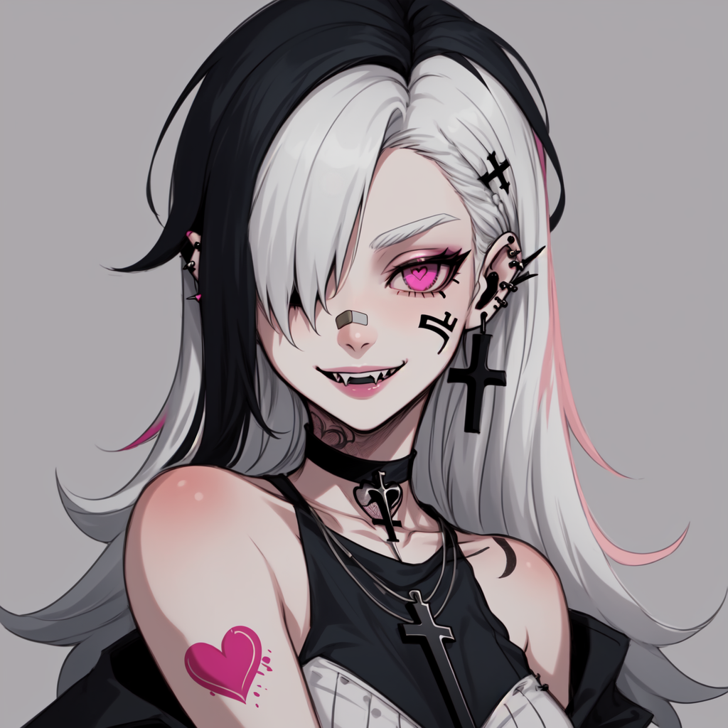 Goth girl, Goth girl 1girl 1girl,solo,long hair,looking at viewer,smile,simple background,black hair,jewelry,white hair,heart,multicolored hair,earrings,choker,pink eyes,grey background,necklace,hair over one eye,two-tone hair,tattoo,fangs,piercing,cross,ear piercing,portrait,bandaid,bandaid on face,facial tattoo,lip piercing, dark background, simple background,  <lora:Goth_girl-v17-000001:0.8>