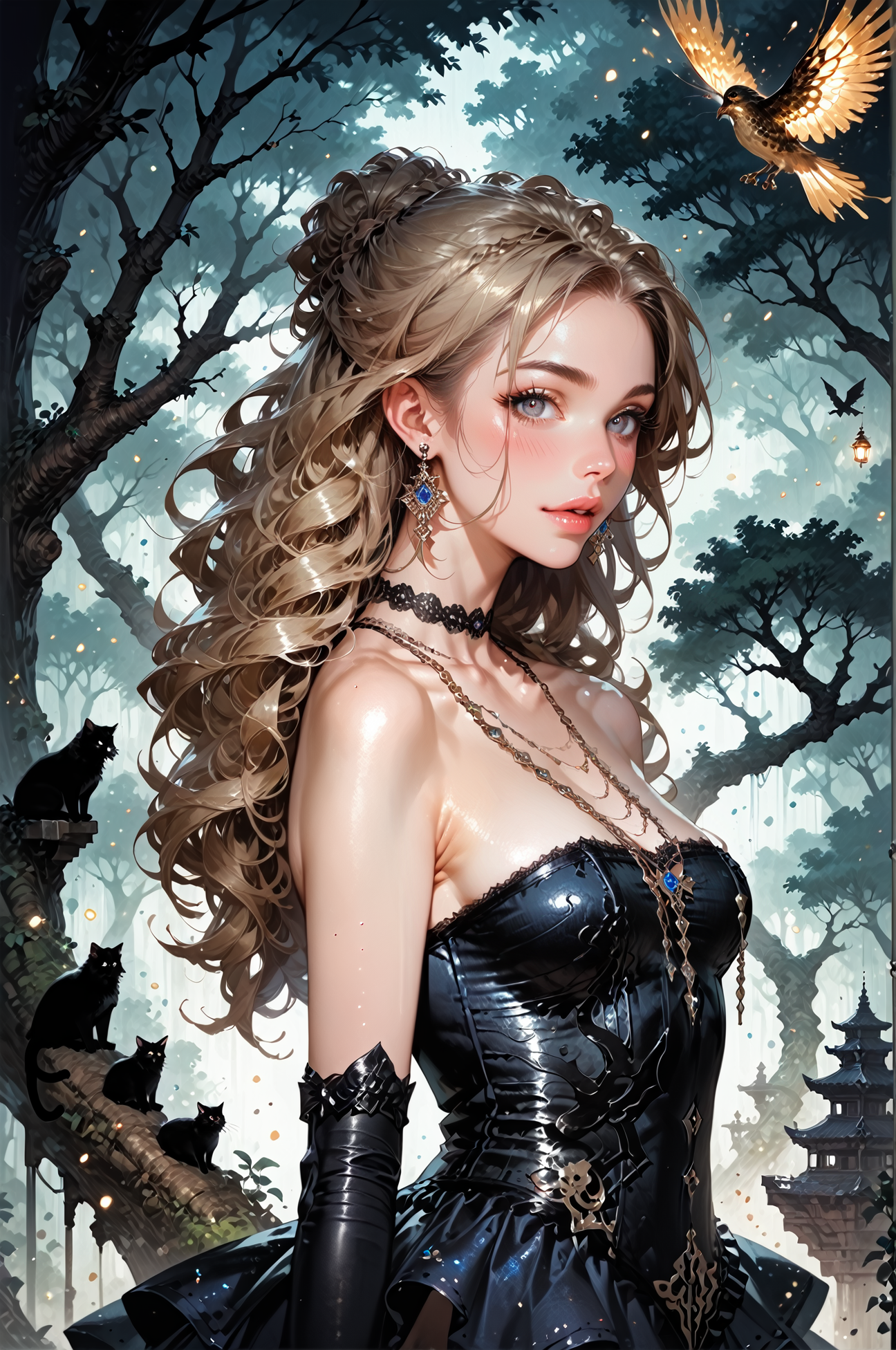 score_9, score_8_up, score_7_up, score_6_up, (1girl,solo),extremely detailed, ((beautiful silhouette of a female in a dress)), (epic oak tree, heavy backdrop lights), (whimsical colorful dustclouds background, dust particles, lots of detail), sharp focus,, long hair, earrings,<lora:LOAs0rcl34pXL:1>,LOAs0rcl34pXL, lace skirt, necklaces, elbow gloves, strapless, <lora:sinfully_stylish_SDKL:0.5> <lora:Fant5yP0ny:0.6>, concept art, realistic, <lora:Expressive_H:0.5> Expressiveh
