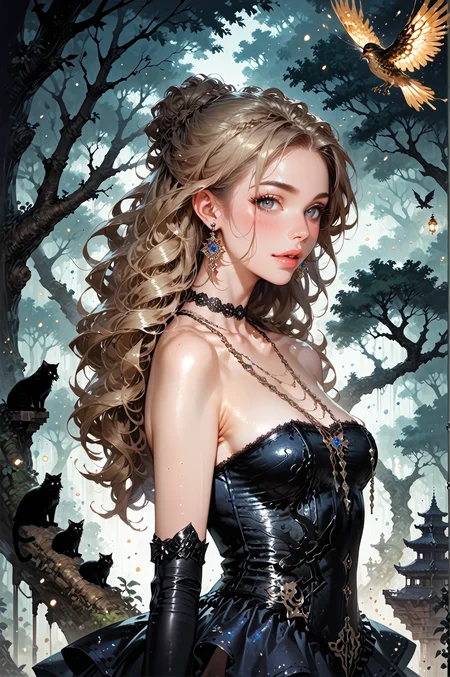 score_9, score_8_up, score_7_up, score_6_up, (1girl,solo),extremely detailed, ((beautiful silhouette of a female in a dress)), (epic oak tree, heavy backdrop lights), (whimsical colorful dustclouds background, dust particles, lots of detail), sharp focus,, long hair, earrings,<lora:LOAs0rcl34pXL:1>,LOAs0rcl34pXL, lace skirt, necklaces, elbow gloves, strapless, <lora:sinfully_stylish_SDKL:0.5> <lora:Fant5yP0ny:0.6>, concept art, realistic, <lora:Expressive_H:0.5> Expressiveh
