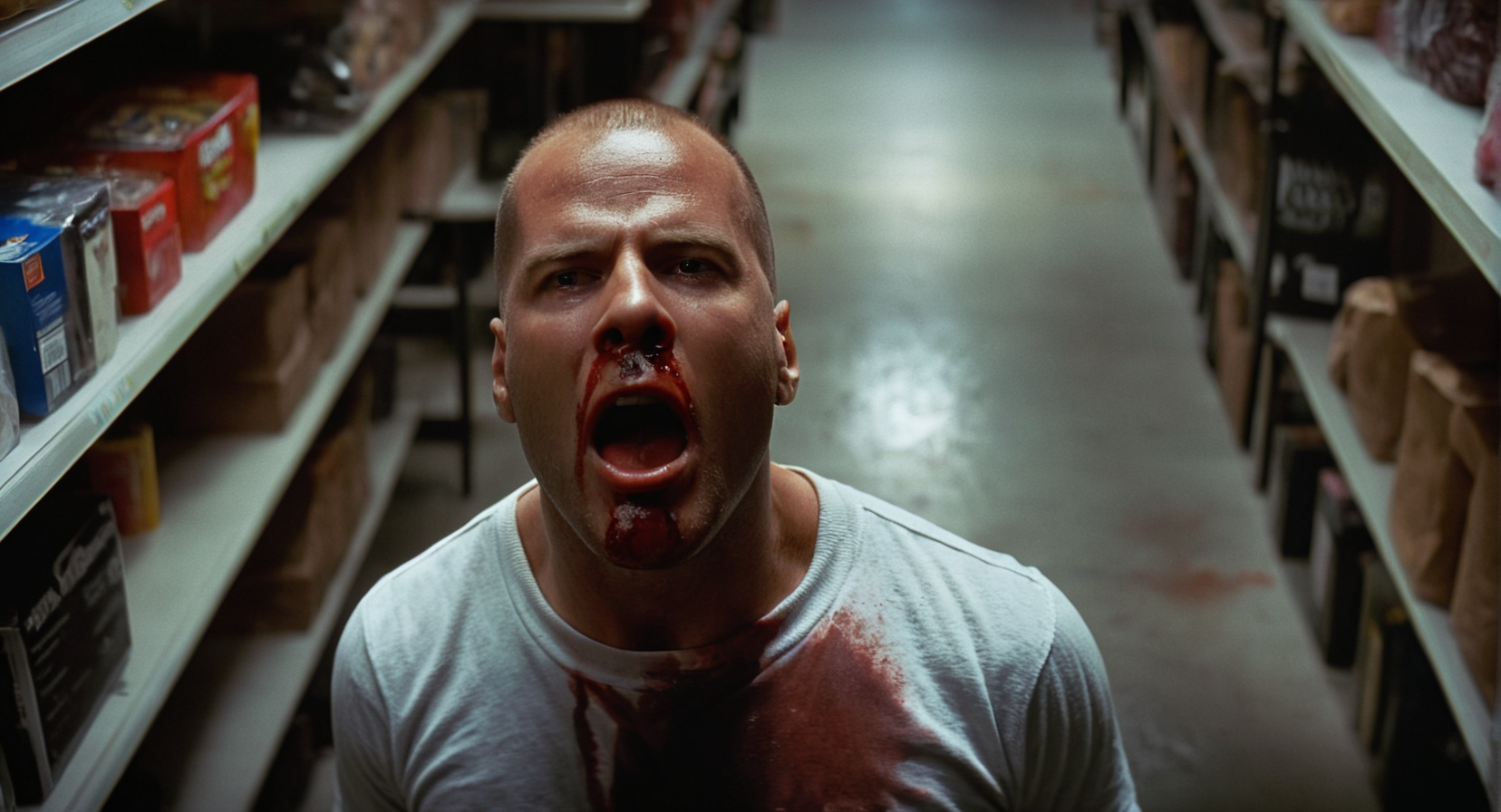 cinematic film still of cinematic film still of  <lora:Pulp Fiction style:1>
 High angle from above,Butch Coolidge:1 a man with blood on his face and bloody shirt standing in a store looking up at camera with a surprise look on his face,solo,looking at viewer,open mouth,blonde hair,shirt,1boy,male focus,blood,ground vehicle,t-shirt,motor vehicle,realistic,dirty , 1990's, 90's, film, cinematic, crime and violence, classic, graphic violence, Kodak film, motion picture image,Pulp Fiction style, Pulp Fiction Film style, shallow depth of field, vignette, highly detailed, high budget, bokeh, cinemascope, moody, epic, gorgeous, film grain, grainy, shallow depth of field, vignette, highly detailed, high budget, bokeh, cinemascope, moody, epic, gorgeous, film grain, grainy