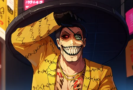 score_9, score_8_up, score_7_up, 1boy, Majima everywhere, manhole cover, arm up, solgo, sharp teeth, evil grin, black sclera, glowing eyes, <lora:Majima everywhere 3:1> <lora:SoloStatueGodGrin-closrem-v2:1> <lora:majima-guy-PONYv1:1> majimaDEF, eyepatch, tattoo, necklace, jacket, animal print, open clothes, black gloves,