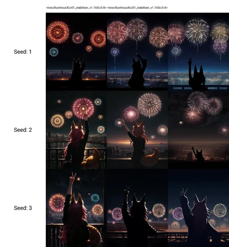 <lora:illustriousXLv01_stabilizer_v1.165c:0.8>1girl,tamamo \(fate\),upper body,from behind,arm up,v,dark,night,cityscape,fireworks,stars in sky,shadow,masterpiece,