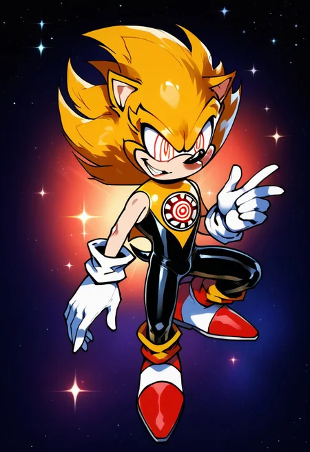 score_9, score_8_up, score_7_up , masterpiece, beautiful,1 male , solo. smug expression,
Fleetway_super_sonicEXE, yellow hair, red eyes, gloves, 1boy, animal ears, tail, white gloves, spiked hair, furry, furry male, body fur, animal nose, sonic the hedgehog, spiky, gold fur design swirl red eyes,
, SinestronCOS,thighhighs,white gloves,skin tight,bodysuit,superhero,black bodysuit,yellow bodysuit,sinestrocorps symbol on chest, , knee boots, white boots,sinestrocorps symbols on chest, anime art style, starry background, outerspace,