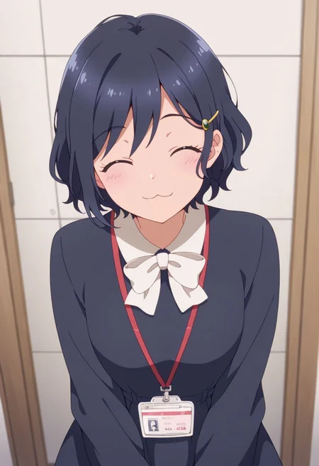 masterpiece,best quality,amazing quality, utou chiharu, short hair, dark blue hair, black eyes, 1girl, closed eyes, solo, lanyard, id card, hair ornament, dress, :3, hairclip, smile, bow, white bow, white bowtie