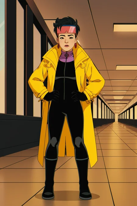 score_9, score_8_up, score_7_up, score_6_up, score_5_up, score_4_up, BREAK, <lora:Jubilee_V2:1>, 1girl, Jubilee, black hair, brown eyes, eyewear on head, black bodysuit, black boots, black gloves, yellow jacket, hands on hips