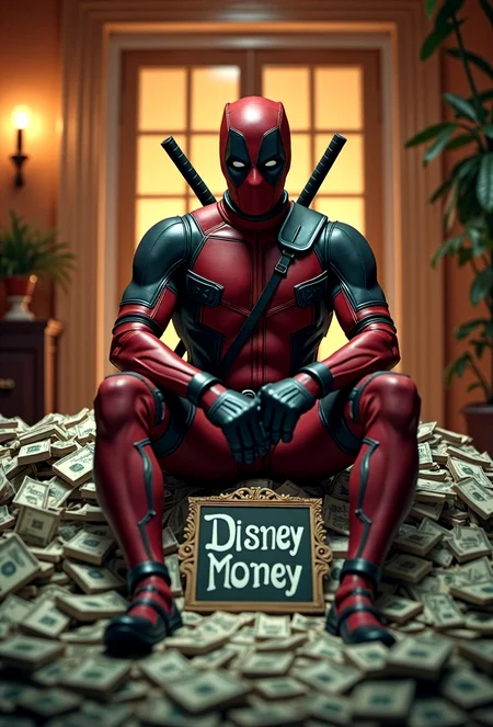 Award winning photography, Comic book character Deadpool, sitting on an enormous pile of cash in a mansion,sign in front reads "Disney Money", 35mm photograph, film, bokeh, professional, 4k, highly detailed . embedding:EZRealPONYXL,