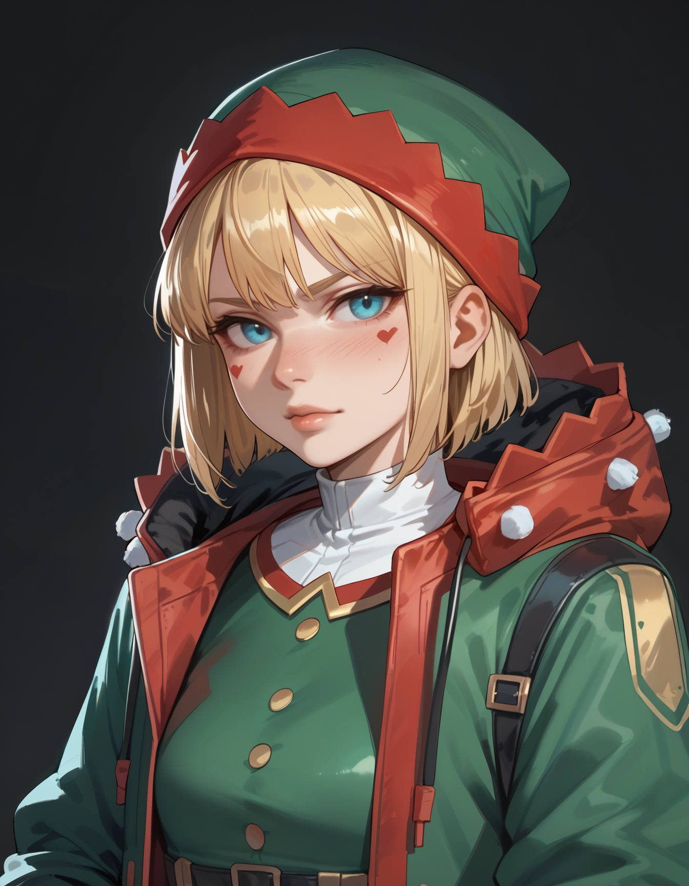 (embedding:Pony_PDXL_Negative_Embeddings\zPDXL2),dark background,(upper body:1.2),(portrait:1.2),(looking_to_the_side:0.6),(from side:0.35),pdrshk,1girl,solo,blue eyes,blonde hair,short hair,headwear,hat,green hat,(red hat:0.6),hood,(white gloves:0.5),jacket,green jacket,bodysuit,green bodysuit,looking_at_viewer                                 <lora:MyTrainings\Temp\Wattson_Shocking_Stuffer_XL_Pony_ARZUMATA.safetensors:0.7>