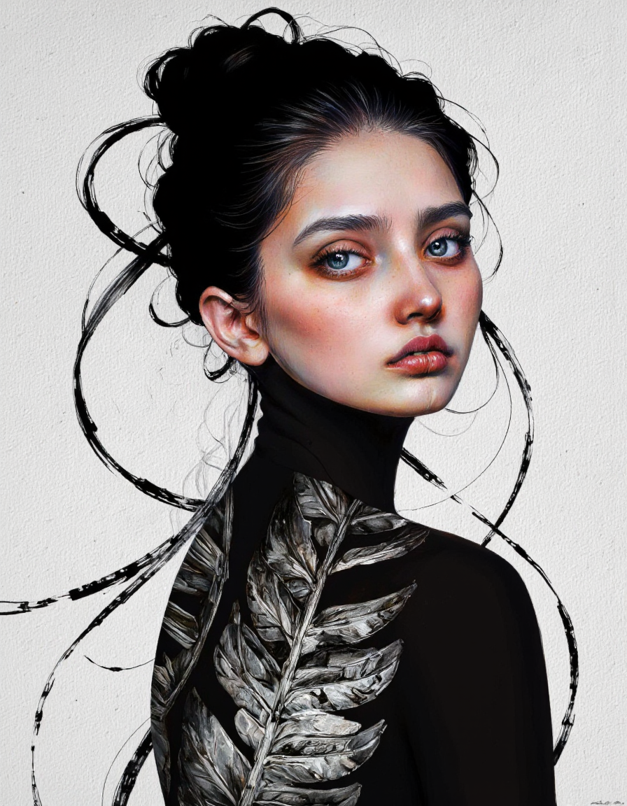 By Laura H. Rubin. A digital illustration shoot from a profile camera angle about a close-up portrait of a young woman with striking features, featuring a striking black and white color scheme. the image also shows abstract lines and brush strokes in the background. on the middle of the image, a 20 years old woman appears to be facing the viewer, looking directly at the viewer with her blue eyes. she has fair skin, black hair styled in a neat updo, and is wearing a black turtleneck with a textured, feather-like pattern. her expression is neutral, with parted lips and a subtle nose. her body is slim and she is wearing minimal clothing. the background is a plain, light-colored wall with a subtle texture. <lora:Laura_H._Rubin_II:0.8>