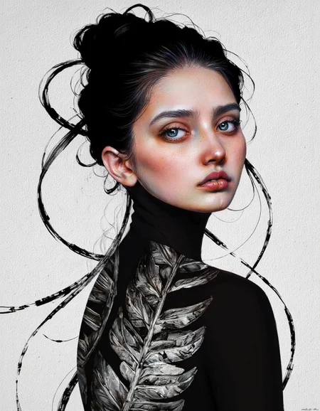 By Laura H. Rubin. A digital illustration shoot from a profile camera angle about a close-up portrait of a young woman with striking features, featuring a striking black and white color scheme. the image also shows abstract lines and brush strokes in the background. on the middle of the image, a 20 years old woman appears to be facing the viewer, looking directly at the viewer with her blue eyes. she has fair skin, black hair styled in a neat updo, and is wearing a black turtleneck with a textured, feather-like pattern. her expression is neutral, with parted lips and a subtle nose. her body is slim and she is wearing minimal clothing. the background is a plain, light-colored wall with a subtle texture. <lora:Laura_H._Rubin_II:0.8>