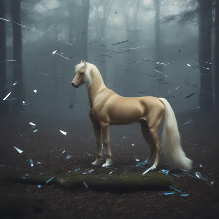 sky, tail, signature, blonde hair, day, broken glass, forest, no humans