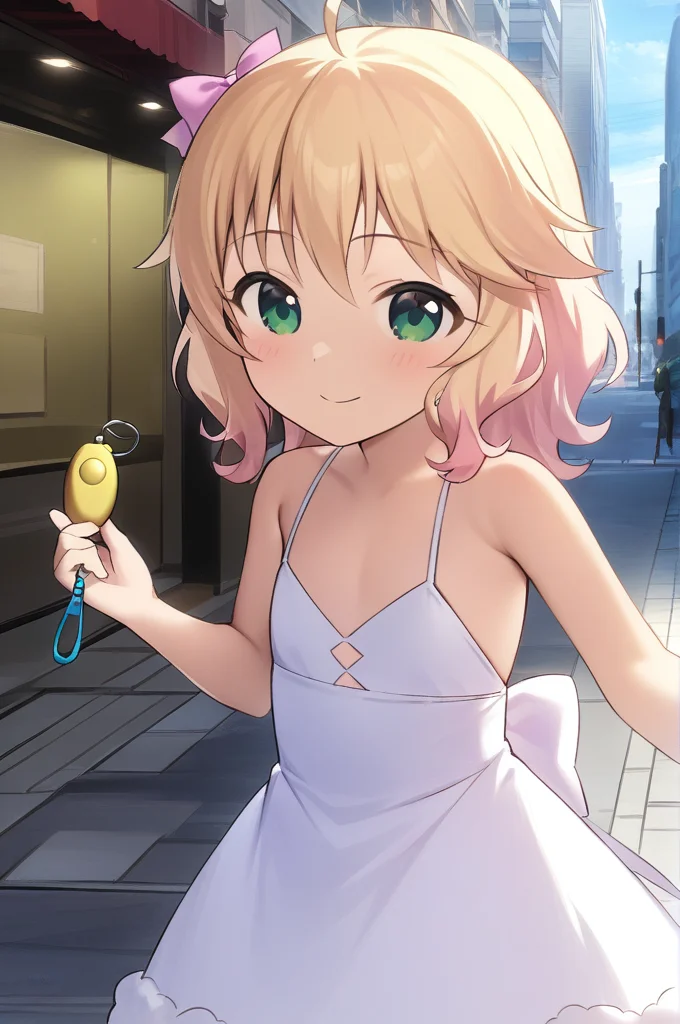 1girl,Sakurai_Momoka,1girl,solo,green eyes, blonde hair, shorthair, wavy hair, sidelocks,flat chest,(petite),chibi,fluffy dress,ribbon,(crime prevention buzzer),outdoor,downtown,street,smile, <lora:XDetail_light:1.3> <lora:crimepreventionbuzzer_XL_v1:0.8> <lora:Sakurai_Momoka_XL:0.8>,masterpiece,best quality <lora:better skin typeB-v1:0.7>