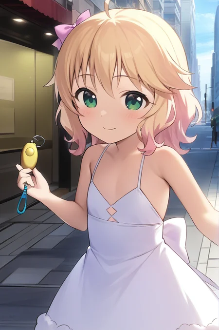 1girl,Sakurai_Momoka,1girl,solo,green eyes, blonde hair, shorthair, wavy hair, sidelocks,flat chest,(petite),chibi,fluffy dress,ribbon,(crime prevention buzzer),outdoor,downtown,street,smile, <lora:XDetail_light:1.3>   <lora:crimepreventionbuzzer_XL_v1:0.8> <lora:Sakurai_Momoka_XL:0.8>,masterpiece,best quality <lora:better skin typeB-v1:0.7>