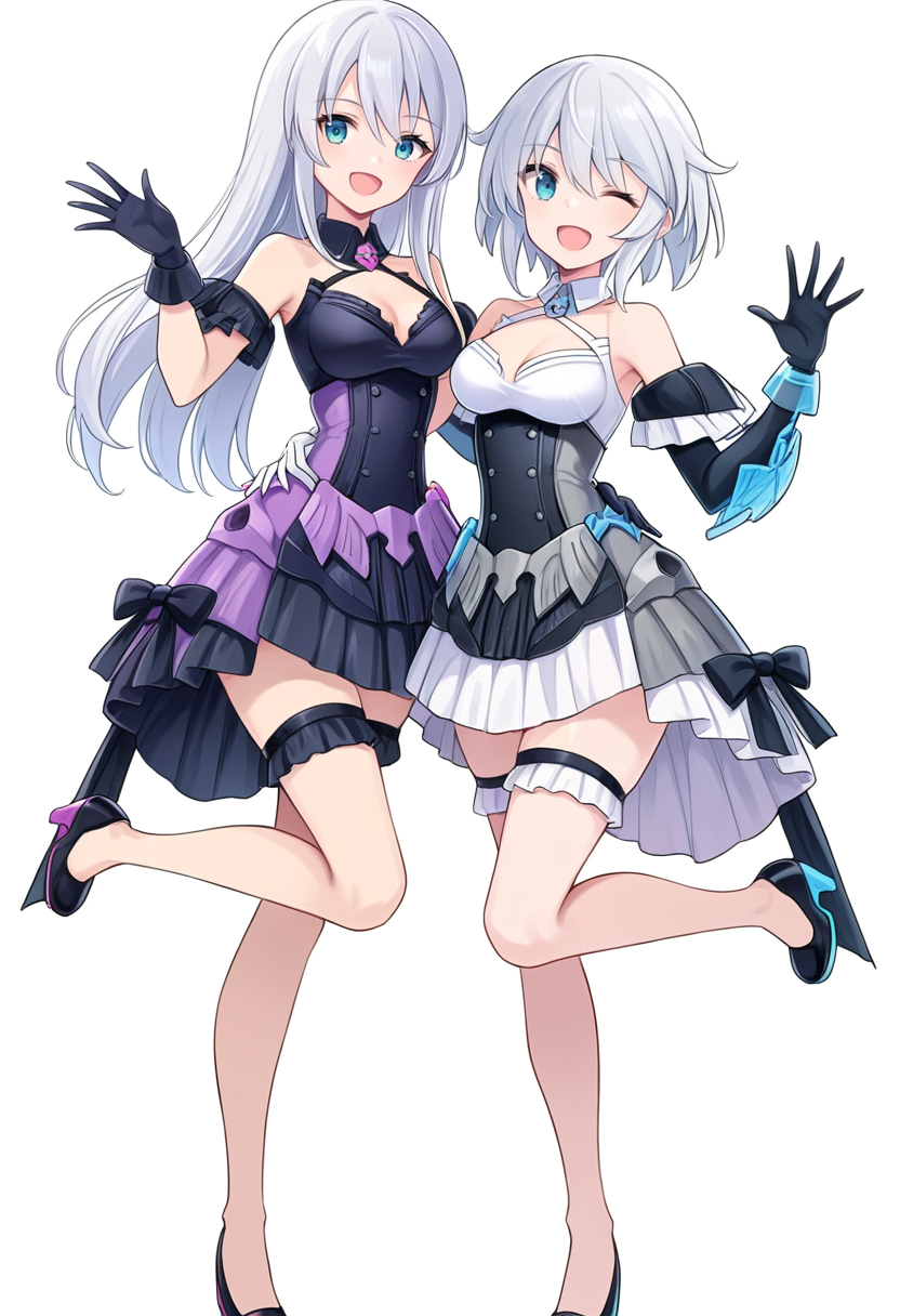 (score_9:0.9),score_8_up,score_7_up,anime style,rating_safe,<lora:30ms Alpha Sisters Phantasm ponyXL v1:0.82>,Alpha Sisters Phantasm White,Alpha Sisters Phantasm black,Phantasm dress,standing on one leg,one eye closed,holding,white background,long hair,high heels,blue eyes,smile,open mouth,standing,white hair,short hair,bangs,looking at viewer,simple background,hair between eyes,medium breasts,white dress,black dress,closed mouth,full body,2girls, hug