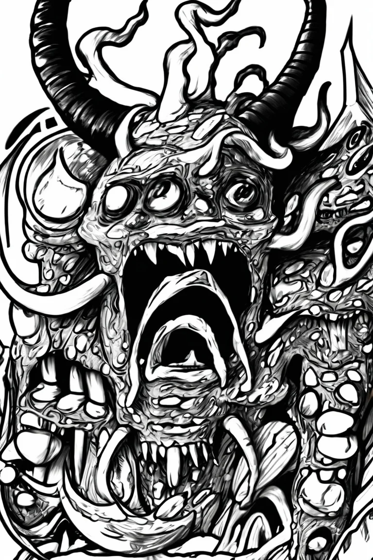 close up of a dangerous monster with horns, grim scene <lora:Doodle_XL_V1:1>, doodle art style