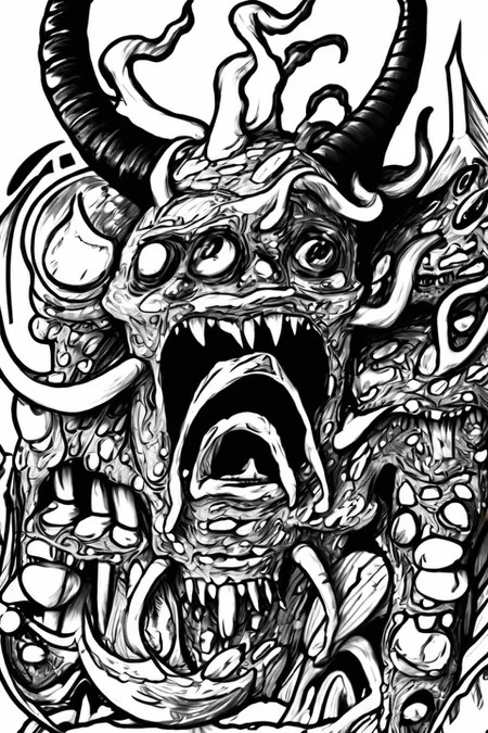 close up of a dangerous monster with horns, grim scene <lora:Doodle_XL_V1:1>, doodle art style