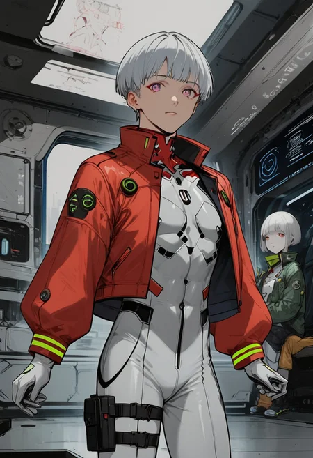 core_9, score_8_up, score_7_up, score_6_up, score_5_up, score_4_up,1 boy, short hair, bob hair cut, 18 years old, albino, white hair, neon pink eyes, pale skin, golden collar, fitness boy, Diamond pattern, lightweight padded jacket, long sleeve, cropped padded jacket, coat, puffer and packable coats, tactical jacket, cyberpunk jacket, tacticalgear, Fashionable style, long sleeves, white bodysuit, latex bodysuit, eva 01 plug suit, white gloves, pistols holstered on their thighs, shiny clothes, science fiction, standing, artist name, cowboy shot, looking at viewer, low angle, background room, spaceship cabin, neon lights.