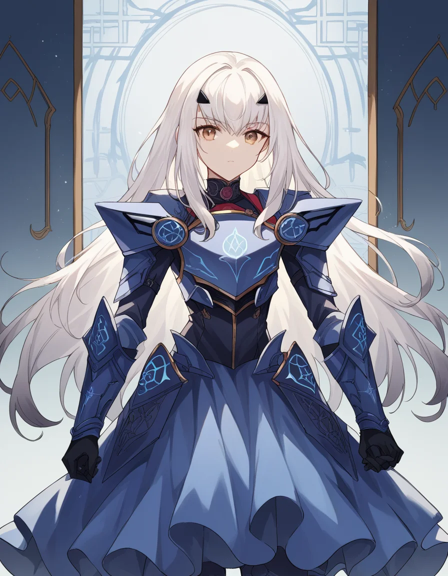 score_9, score_8_up, score_7_up, source_anime, <lora:fgo-melusine-ponyxl-lora-nochekaiser:1>, melusine, brown eyes, long hair, white hair, sidelocks,, armor, armored dress, black dress, black gloves, blue armor, blue dress, breastplate, dress, faulds, gloves, mask, pauldrons, short dress, shoulder armor,, museum, art exhibit, paintings, observing, quiet contemplation, cultural experience, , looking at viewer, hand holding a pencil, solo,, cowboy shot, dutch angle
