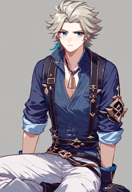 Score_9, score_8_up, score_7_up, Genshin Impact Style, source_anime, fishing dock, 1man, solo,
Older man, platinum blonde hair, purple cloth on forehead, short hair, blue eyes, serious, collared indigo shirt, chest pockets, lavender jacket, black leather belt, indigo gloves, baggy work pants, fishing boots, net sack, braided necklace