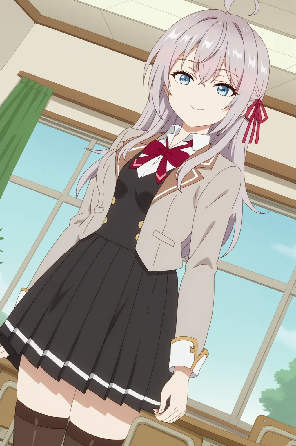 alisa mikhailovna kujou,anime screencap,solo,mature,1girl,ahoge,skirt,solo,long hair,hair,school uniform ribbon,bangd,jacket,shirt,blue eyes,red ribbon,looking at viewer,smile,thighhighs,dutch angle,indoors,classroom,sky,plant,consistent background <lora:Alisa_Mikhailovna_Kujou - PDXL2.safetensors:0.8>