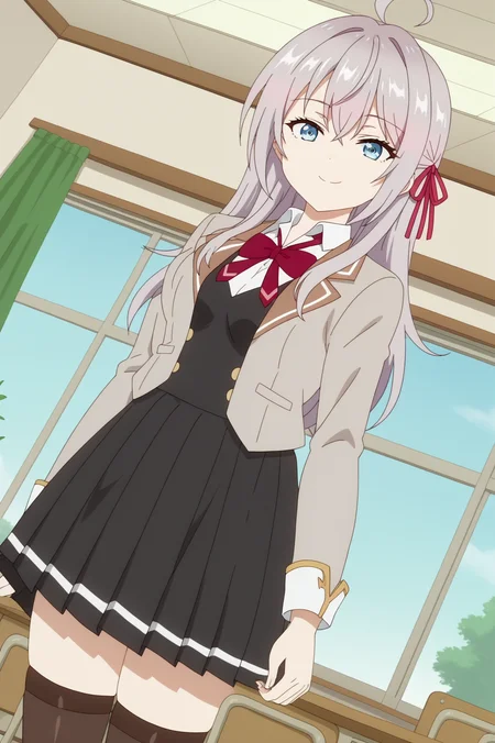 alisa mikhailovna kujou,anime screencap,solo,mature,1girl,ahoge,skirt,solo,long hair,hair,school uniform ribbon,bangd,jacket,shirt,blue eyes,red ribbon,looking at viewer,smile,thighhighs,dutch angle,indoors,classroom,sky,plant,consistent background <lora:Alisa_Mikhailovna_Kujou - PDXL2.safetensors:0.8>
