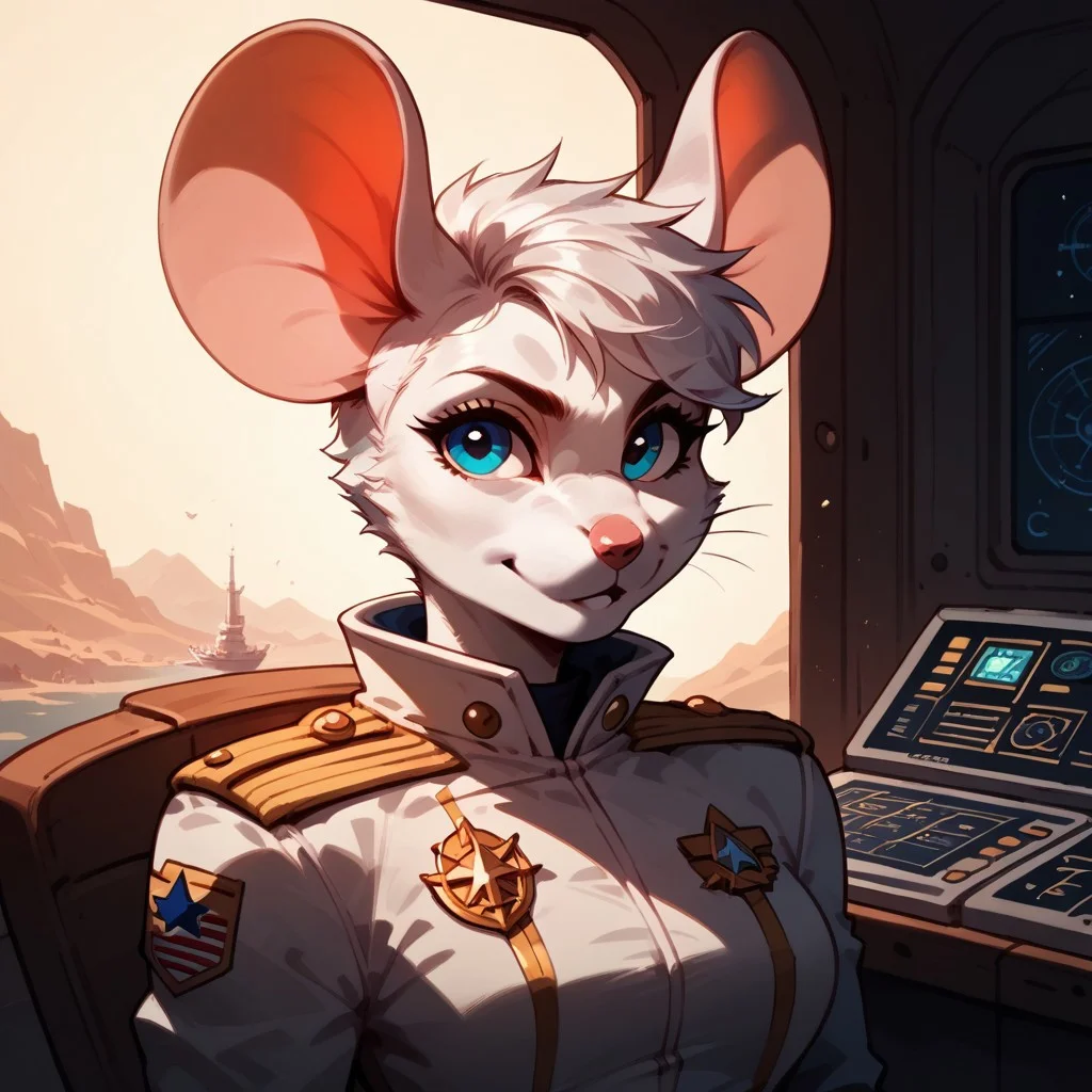 B3ck13M0us3, Anthro mouse,
score_9, score_8_up, score_7_up, score_6_up,
Captain of a starship, commanders uniform, command deck, portrait,
