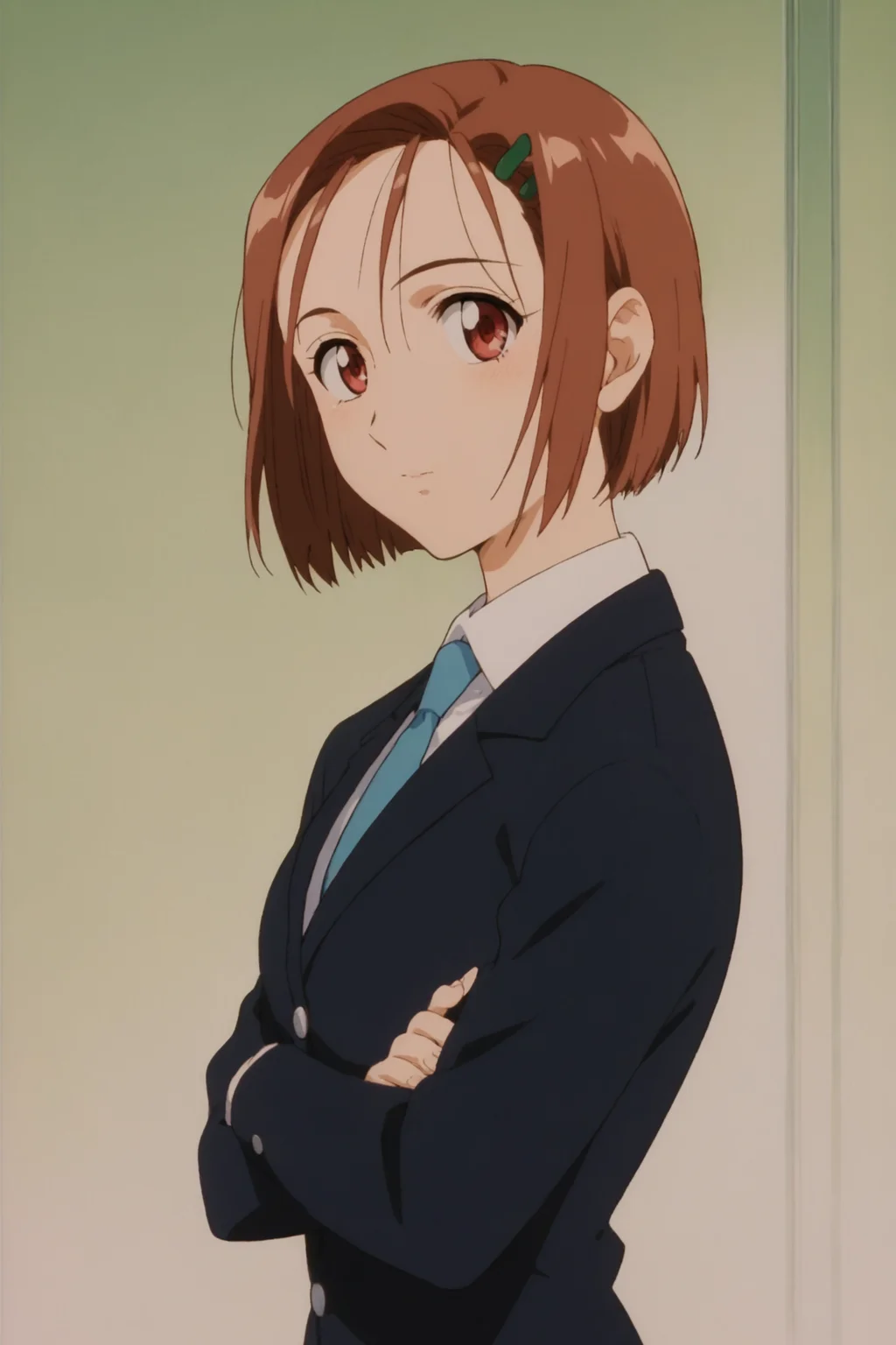 score_9, score_8_up, score_7_up, score_6_up, score_5_up, source_anime, rating_safe, medium breasts, indoors, study room, 1girl, solo, looking at viewer, <lora:age_slider_v4:3>, yukino miyazawa, pleated skirt, hair ornament, blazer, jacket, blue necktie, shirt, short hair, brown hair, school uniform, skirt, black thighhighs, loafers, <lora:Yukino_Miyazawa:0.8>, crossed arms, (upper body:1.2)