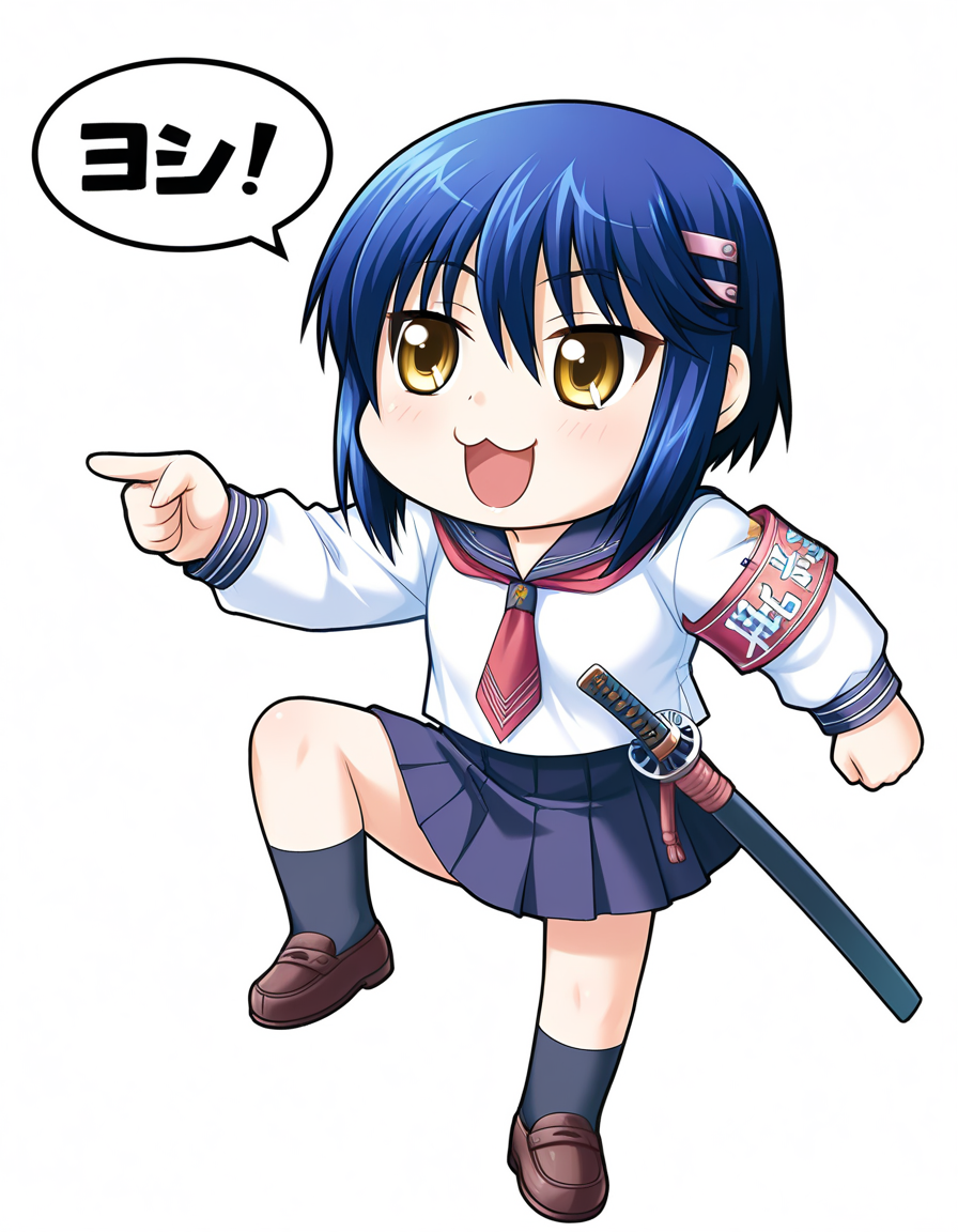 masterpiece, best quality, amazing quality, very aesthetic, absurdres, official art, ultra detailed,
1girl, solo, kurogane_otome(tsuyo_kiss ), blue hair, short hair, yellow eyes, hairclip BREAK
school uniform, white serafuku, skirt, armband, light happy, holding katana, genba_neko,chibi,pointing,standing on one leg,:3,open mouth,meme,parody, speech bubble, simple background, white background <lora:genba_neko_like_v2:1>
<lora:kurogane otome v1.0-000013:1>