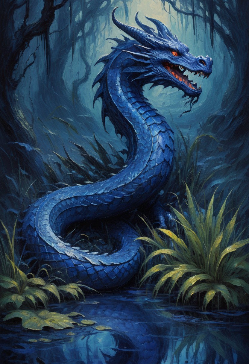 a indigo serpent dragon coming out of a swamp,oil paint, brush strokes, canvas texture,. art in the Anato Finnstark style
