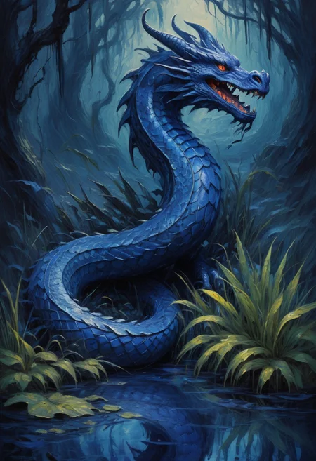 a indigo serpent dragon coming out of a swamp,oil paint, brush strokes, canvas texture,. art in the Anato Finnstark style