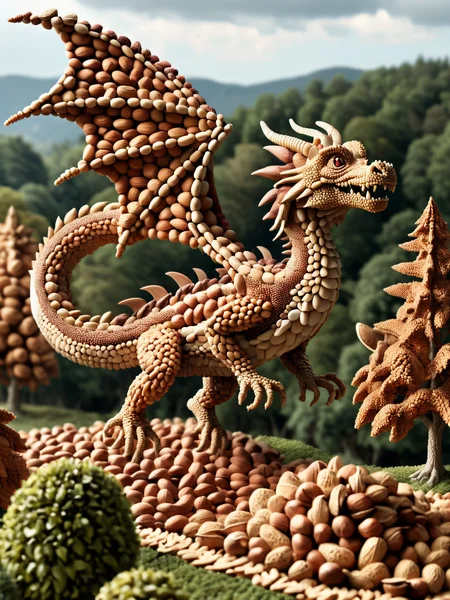A playful scene of a ais-nutz dragon flying over a landscape of ais-nutz trees, with a ais-nutz in the background. <lora:Nuts__Seeds_Style_SDXL:1>