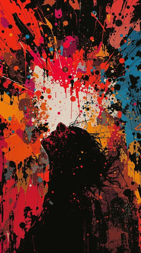 (view from below:1.4), dead stranding art, by Satoshi Kon, futuristic context backgrounds, dark colors, (dutch angle:0.2), neo abstract, explosive brush strokes, vibrant color splashes, gestural marks, emotional intensity, chaotic energy –style raw, silhouette female