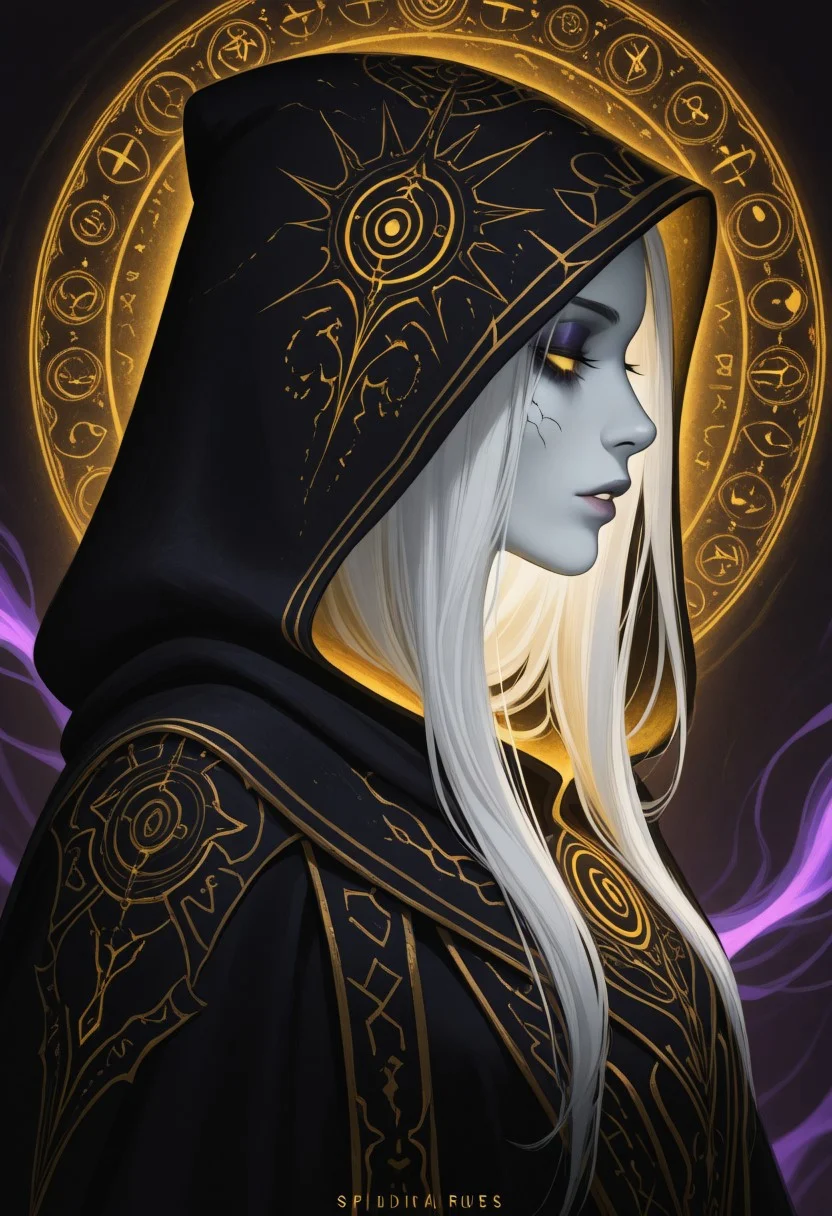 embedding:lazympos, A digital artwork portraying a profile view of a Female Necromancer with a serene yet eerie expression. She wears a hooded black cloak, intricately embroidered with glowing eldritch runes and necrotic symbols. The background is a textured, golden-yellow hue, contrasting the dark, shadowy silhouette of the necromancer. Her makeup is subtle yet haunting, with pale, ghostly skin and eyes and lips accented by a faint, ethereal purple glow. The artwork blends dark fantasy and realism, with intricate golden patterns adding an arcane elegance. The background is uniform in color. The silhouette is dark and foreboding. The cloak is hooded, with faint wisps of dark energy trailing from it. 1girl, solo, long_hair, white_hair, upper_body, parted_lips, artist_name, hood, from_side, lips, eyelashes, profile, makeup, half-closed_eyes, glowing_eyes, eyeshadow, hood_up, nose, spectral_aura, necrotic_runes