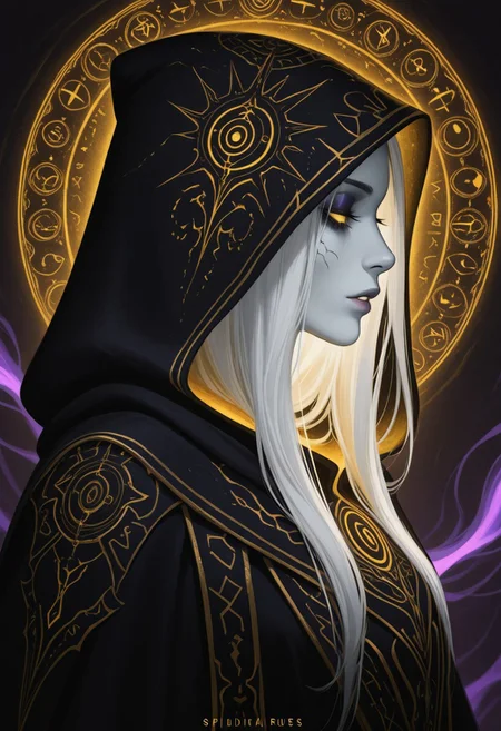 embedding:lazympos, A digital artwork portraying a profile view of a Female Necromancer with a serene yet eerie expression. She wears a hooded black cloak, intricately embroidered with glowing eldritch runes and necrotic symbols. The background is a textured, golden-yellow hue, contrasting the dark, shadowy silhouette of the necromancer. Her makeup is subtle yet haunting, with pale, ghostly skin and eyes and lips accented by a faint, ethereal purple glow. The artwork blends dark fantasy and realism, with intricate golden patterns adding an arcane elegance. The background is uniform in color. The silhouette is dark and foreboding. The cloak is hooded, with faint wisps of dark energy trailing from it. 1girl, solo, long_hair, white_hair, upper_body, parted_lips, artist_name, hood, from_side, lips, eyelashes, profile, makeup, half-closed_eyes, glowing_eyes, eyeshadow, hood_up, nose, spectral_aura, necrotic_runes