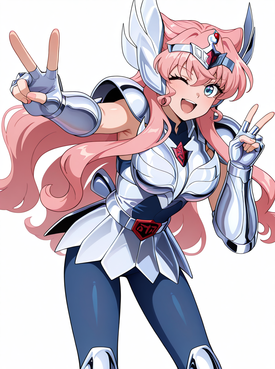 masterpiece, best quality, amazing quality, very aesthetic, absurdres, newest,shiny skin, anime screenshot, anime coloring,  <lora:Maria_ILL:0.8>solo, long hair, pink hair, 1girl Hair Flower, blue eyes <lora:Cygnus_Hyoga_Saint_Seiya_ILXL:1>cygnushyov1 slender figure,  swan circlet, silver pauldrons, silver armor, fingerless silver gauntlets, circle plated vambrace, belt, silver tassets, blue pants, silver greaves, blue undershirt, belt buckle, wavy , sleeveless   open mouth, simple background, looking at viewer,  happy,  white background, v_sign, wink , smile