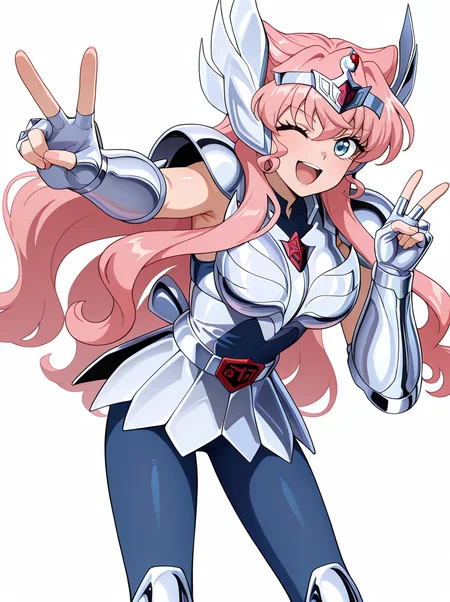 masterpiece, best quality, amazing quality, very aesthetic, absurdres, newest,shiny skin, anime screenshot, anime coloring, <lora:Maria_ILL:0.8>solo, long hair, pink hair, 1girl Hair Flower, blue eyes <lora:Cygnus_Hyoga_Saint_Seiya_ILXL:1>cygnushyov1 slender figure, swan circlet, silver pauldrons, silver armor, fingerless silver gauntlets, circle plated vambrace, belt, silver tassets, blue pants, silver greaves, blue undershirt, belt buckle, wavy , sleeveless open mouth, simple background, looking at viewer, happy, white background, v_sign, wink , smile