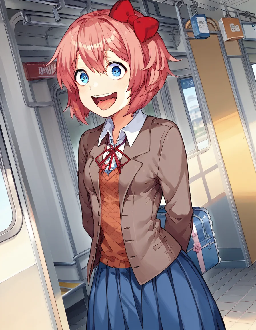 score_9, score_8_up, score_7_up, source_anime, <lora:ddlc-sayori-ingame-ponyxl-lora-nochekaiser:1>, sayori, blue eyes, hair between eyes, hair bow, hair ornament, pink hair, red bow, short hair,, blue skirt, pleated skirt, school uniform, skirt, brown jacket, jacket,, train station, waiting for train, suitcase, traveling, commute, city skyline, hands behind back, smile, <lora:enel-face-ponyxl-lora-nochekaiser:1> enel face, open mouth, wide-eyed, teeth, tongue,, looking at viewer, solo,, dutch angle, cowboy shot
