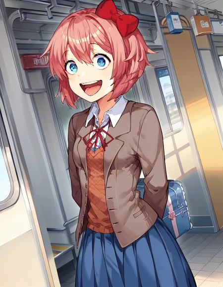 score_9, score_8_up, score_7_up, source_anime, <lora:ddlc-sayori-ingame-ponyxl-lora-nochekaiser:1>, sayori, blue eyes, hair between eyes, hair bow, hair ornament, pink hair, red bow, short hair,, blue skirt, pleated skirt, school uniform, skirt, brown jacket, jacket,, train station, waiting for train, suitcase, traveling, commute, city skyline, hands behind back, smile, <lora:enel-face-ponyxl-lora-nochekaiser:1> enel face, open mouth, wide-eyed, teeth, tongue,, looking at viewer, solo,, dutch angle, cowboy shot