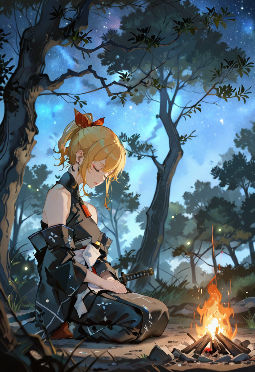 1girl, solo, anime coloring, anime artwork, masterpiece, best quality, newest, absurdres, highres, safe, CG,
cinematic lighting, natural shadow, highest detail, detailed background, intricate scenery, depth of field, insane details, intricate, subsurface scattering,
very aesthetic, serene atmosphere, full body,
finely detailed face, beautiful face,
dappled moonlight, dim lighting, dim light, starry sky, crescent,
 forest, giant tree, tree branch,
artistic rendering, dramatic contrast, luminous elements, soft painterly texture, striking visual design,
<lora:kaelaIL:1> kaelaIL, kaelakimono, medium hair, blonde hair, ponytail, japanese cloth, black kimono, bare shoulders,
\||/, meditation, closed eyes, visible roots, fireflies, campfire, katana, scabbard, 
hands on lap,
<lora:TER_ILL_V1:0.85>
