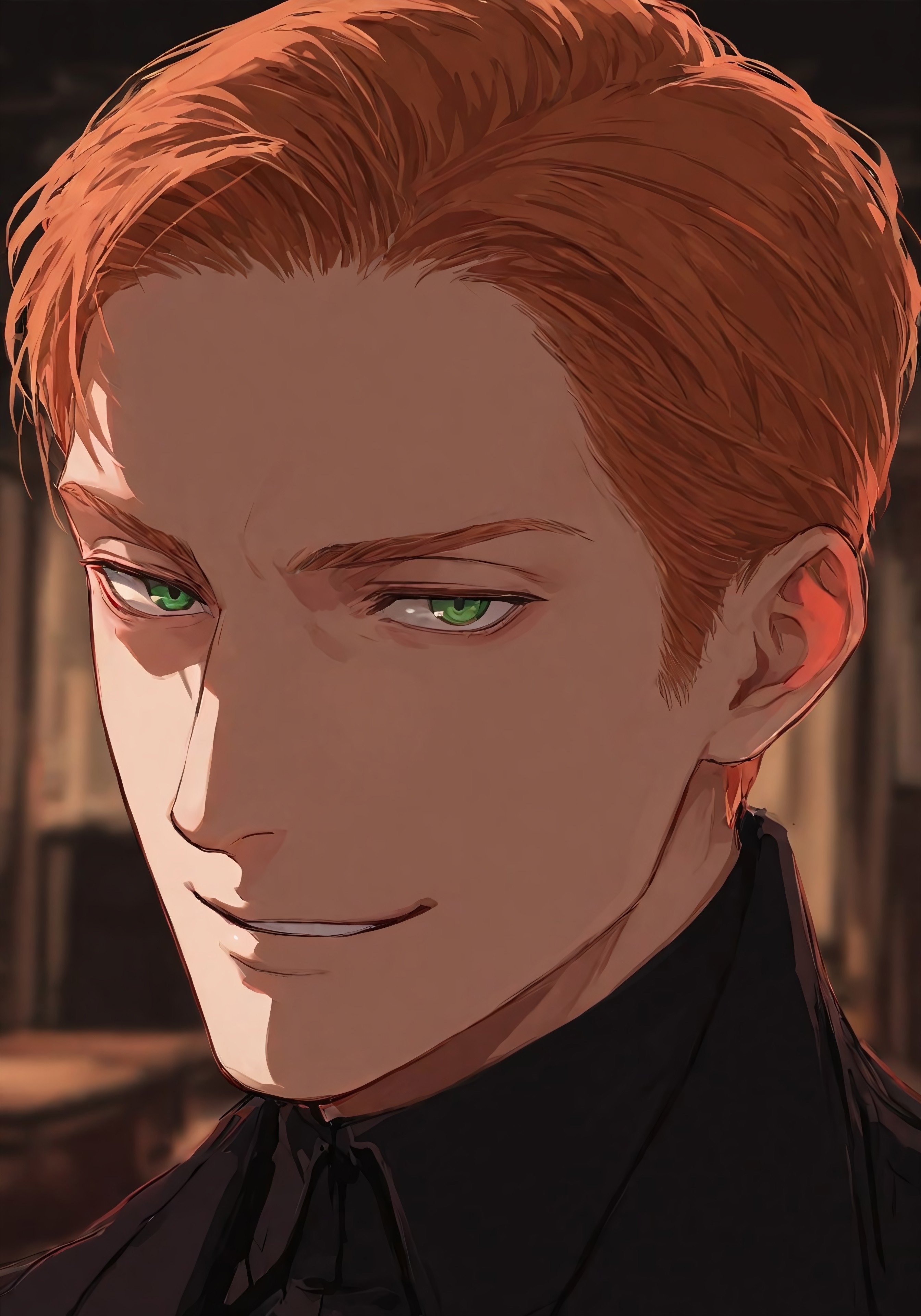 Smooth_Quality, masterpiece, best quality, amazing quality, very aesthetic, absurdres, newest, detailed background, genHux, 1boy, solo, blonde hair, short hair, green eyes, close-up, smirk