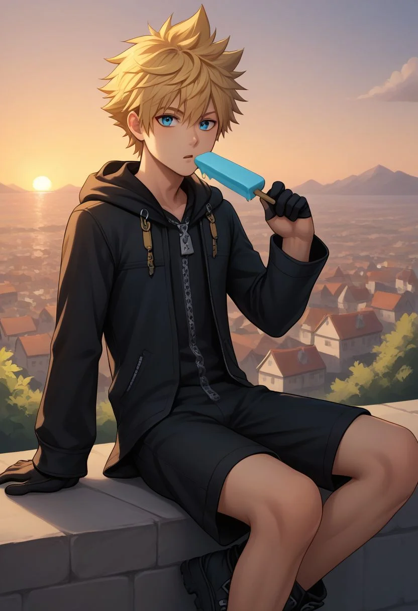 score_9, score_8_up, source_anime, highly detailed, 1boy, solo, male_focus slender, skinny, 
roxas, solo, male focus, 1boy, blue eyes, blonde hair, zipper, gloves, spiked hair, black footwear, hood, hood on head, black coat, hold, holding Popsicle, blue Popsicle, upper body,
outdoor, village, sunset, sit,
