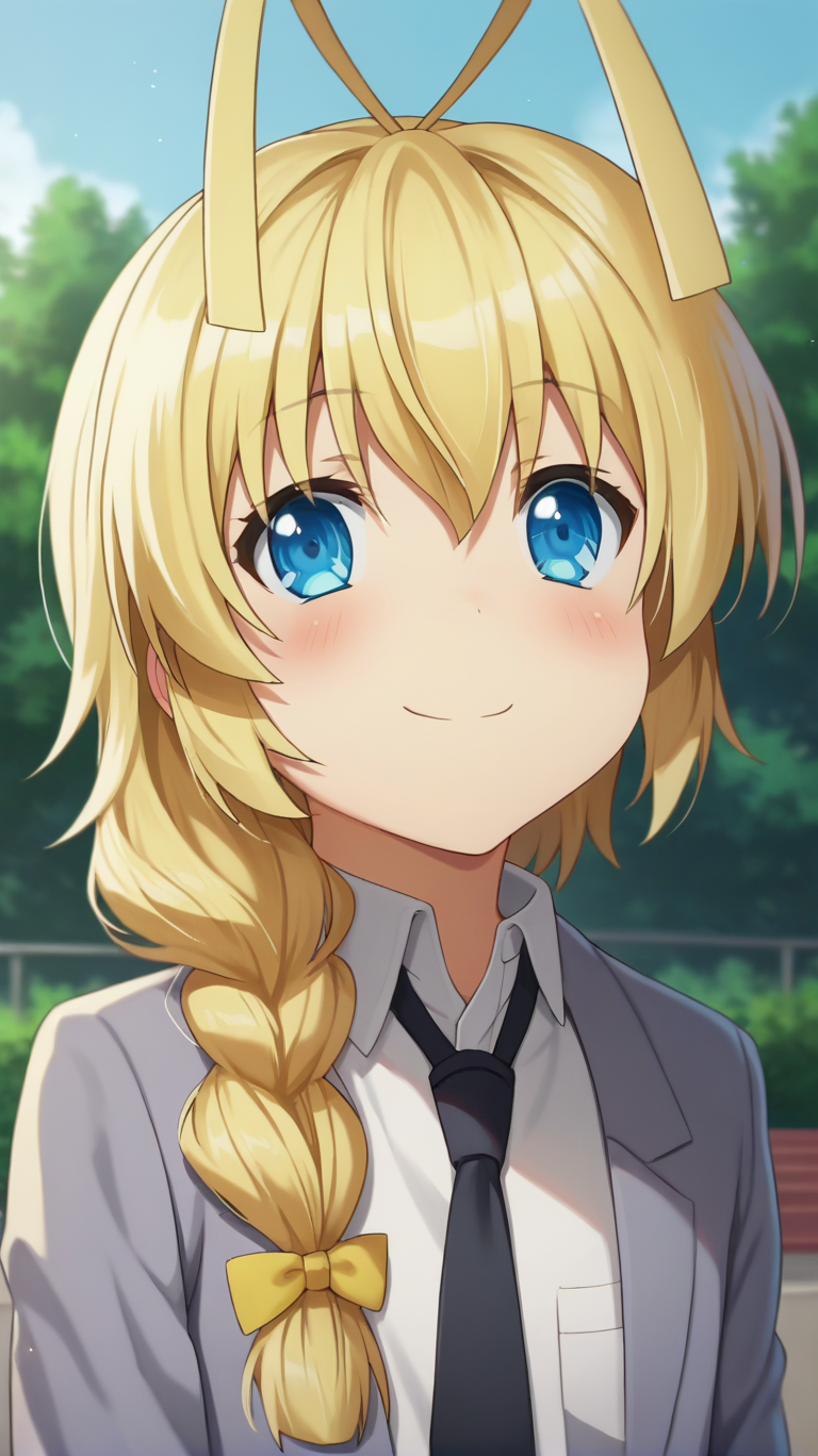 score_9,score_8_up,masterpiece,best quality,correct anatomy,anime_source,1boy,solo,perfect eyes,perfect arms,perfect legs,perfect face,outdoors,upper body,(portrait:1.5),looking at viewer,facing viewer,smile,blush,Hasuta,otoko no ko,antenna hair,long hair,blonde hair,single braid,hair bow,yellow bow,hair over shoulder,sidelocks,hair between eyes,bangs,blue eyes,school uniform,grey jacket,Blazer,black necktie,white shirt,collared shirt,long sleeves,black pants,loafers,brown footwear,<lora:Hasuta(hns)-Pony:1.6>,