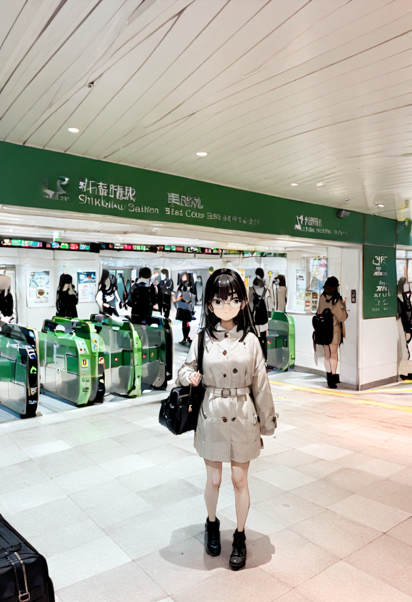 1girl, solo, glasses, black hair, long hair, duffle coat, black bag, smile, looking at viewer, solo focus,
higashikaisatsu, shinjuku, entrance, scenery, indoors, real world location
masterpiece, best quality,  <lora:shinjuku_higashiguchi_SDXL_V1:1>