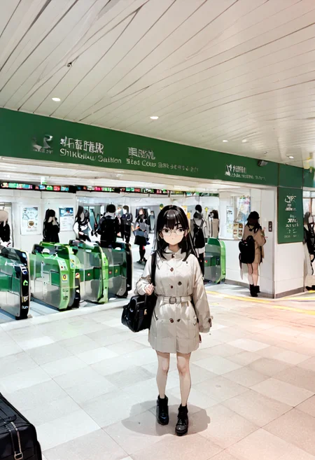 1girl, solo, glasses, black hair, long hair, duffle coat, black bag, smile, looking at viewer, solo focus,
higashikaisatsu, shinjuku, entrance, scenery, indoors, real world location
masterpiece, best quality,  <lora:shinjuku_higashiguchi_SDXL_V1:1>