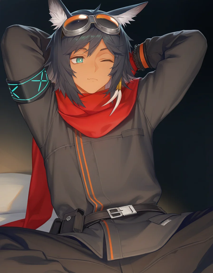 1boy, solo, courier \(arknights\), courierelit1, mature male, deer ears, animal ear fluff, medium hair, dark hair, aqua eyes, bright pupils, tooth hair ornament, tanned skin, skin fang, yyb, penguin frontier, (krenz, quuni, mebaru:0.8), nyalia, bedroom, stretching, hand up, arm up, arms behind head, one eye closed, looking down, looking away, pout, red scarf, fringe trim, goggles on head, orange goggles, welding goggles, red gloves, fingerless gloves, pocket, (long sleeves:1.3), no jacket, orange sleeve cuffs, single armband, (black track suit:1.3), crossed belt, utility belt, baggy pants, long pants, black pants, orange trim, perfect face, perfect eyes, masterpiece, best quality, newest, absurdres, highres, uncensored, <lora:nyalia:0.4>, <lora:DetailedEyes_xl_V2:1>, <lora:add-detail-xl:2>,  <lora:CourierArknights E1 2.0:0.8>,
