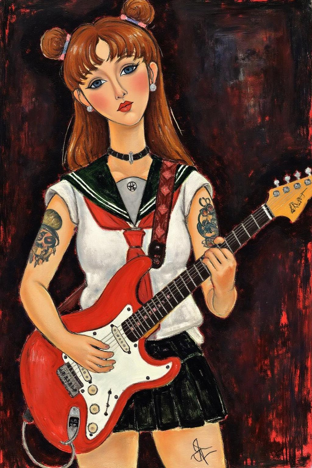 amedeomodigliani1 painting.
Punk sailor moon playing a guitar at a heavy metal mosh pit, tattoos, piercing.  <lora:amedeomodigliani1_cap_d6a3e8:1.0><lora:847313907939830471:0>