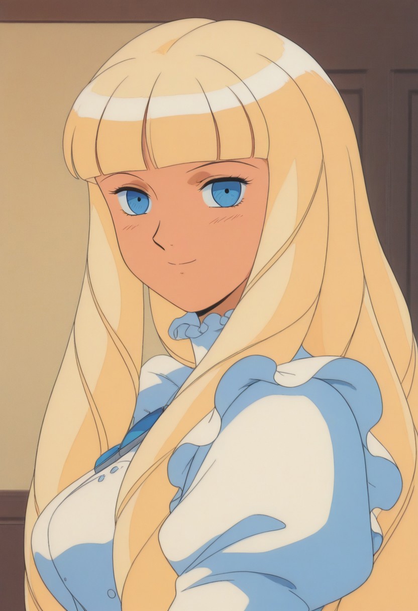 1girl, Kihel, blue_eyes, blonde_hair,blunt_bangs, long_hair, long_dress,frills,puffy_sleeves,middle_breasts,looking at viewer,(detailed face and eyes,shy,smile),(upper body),from side,,close to viewer,bedroom,score_9, score_8_up, score_7_up, source_anime,masterpiece, best quality, retro_artstyle, official art,perfect_anatomy,