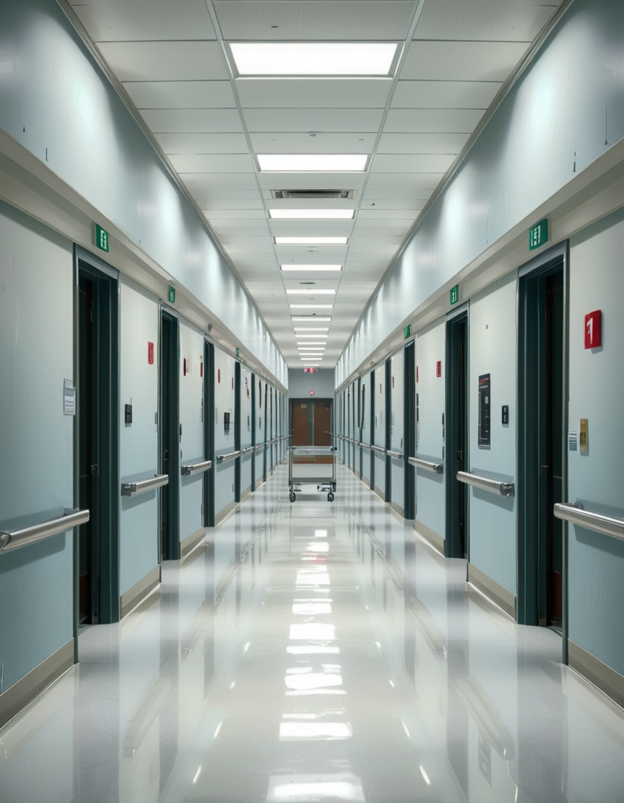 A long, sterile hospital corridor with bright white walls and a polished, reflective floor. The fluorescent ceiling lights cast a cold, clinical glow, emphasizing the cleanliness of the space. The hallway is lined with closed patient rooms, each marked with a small number plate. Stainless steel handrails run along the walls, and a few medical carts are neatly parked near the side. The corridor appears empty, creating a sense of stillness and anticipation. At the far end, a set of double doors with small glass windows leads to another section of the hospital. The atmosphere is quiet, professional, and highly sanitized, evoking a sense of order and precision.
<lora:SDXLFaeTastic2400:0.4> <lora:extremely_detailed:0.4> extremely detailed, <lora:sterile_hospital_c0rr1d0r:1>,sterile hospital c0rr1d0r, Masterpiece,best quality,hi res,8k,hi res,8k,award winning,(sharp focus, intricate, highly detailed),