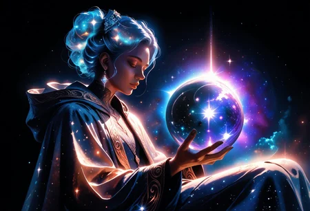 high quality, score_9, score_8_up, source_7_up, very aesthetic, high resolution, newest, depth of field, volumetric lighting, (masterpiece, best quality, ultra-detailed, High detailed), beautiful face, absurdres, masterpiece, best quality, amazing quality, masterpiece,best quality,amazing quality, 8k,
BREAK
boy, blue hair, ethereal horns, curved horns, adult face,
druid robe, flowing robes, glowing runes around person,
sitting, orb, throne, crystal ball, chair, hooded cloak, robe, hood up, solo, hand holding orb,
galaxy inside orb, levitating, stardust,
surreal, detailed, rich_color_palette, light_and_dark, cosmic, mystical, magical, enchanting, fantastical,
arcane, eerie, atmospheric, foreboding, dreamlike, void, space, nebula, stellar, galactic, astral, ethereal, cosmic, otherworldly, fantastical, galaxy,
dark background, night sky,