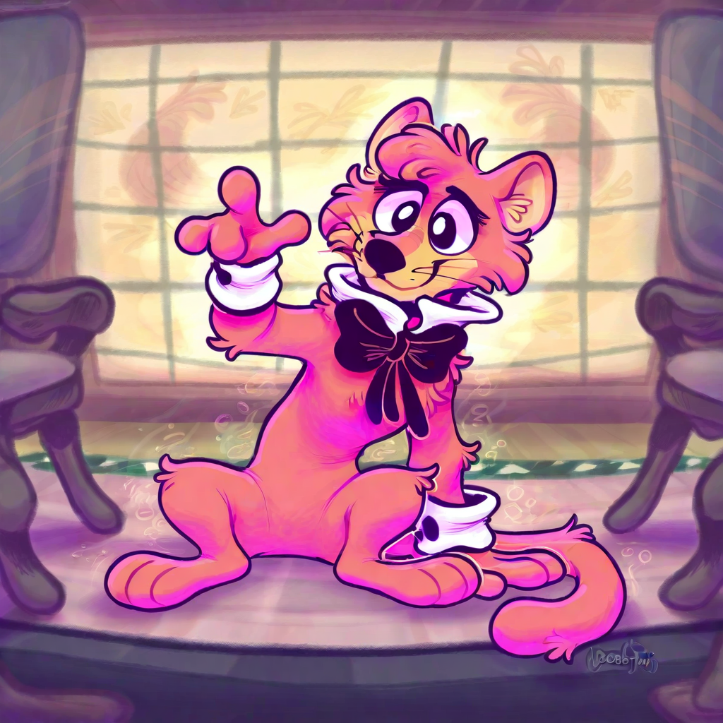 solo, full body, snagglepuss, white cuffs \(clothing\), shirt collar, bow tie, topless, featureless crotch, 4 fingers, 3 toes, action pose, smile, looking at viewer, sitting, inside, detailed background, masterpiece, hi res, absurd res, flipyart, keffotin, orlandofox, aycee <lora:snagglepuss_1.0noobvpred:1>